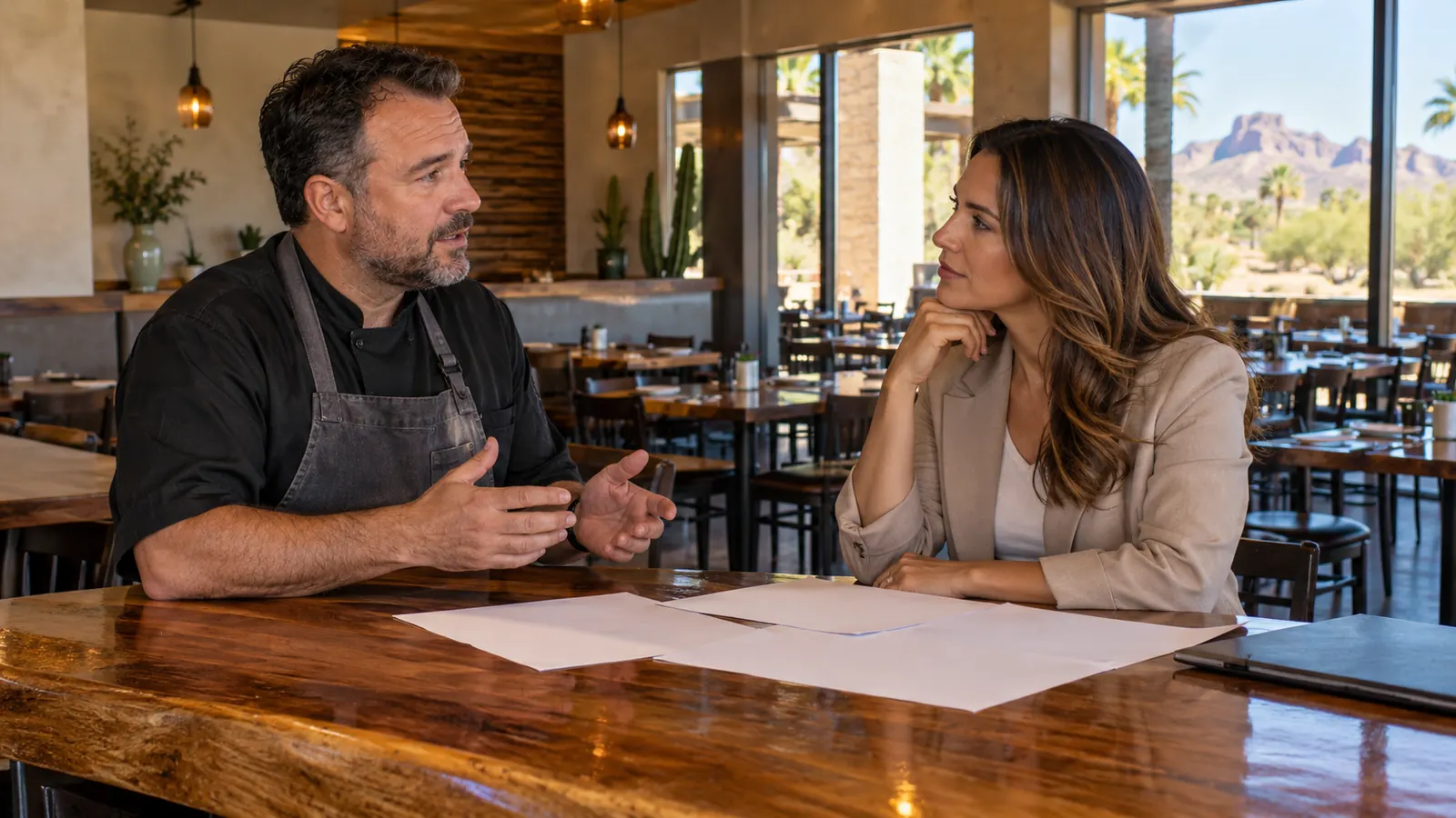 A restaurant owner and a buyer talk at the end of a polished wooden bar in an empty dining room before opening, papers spread on the counter