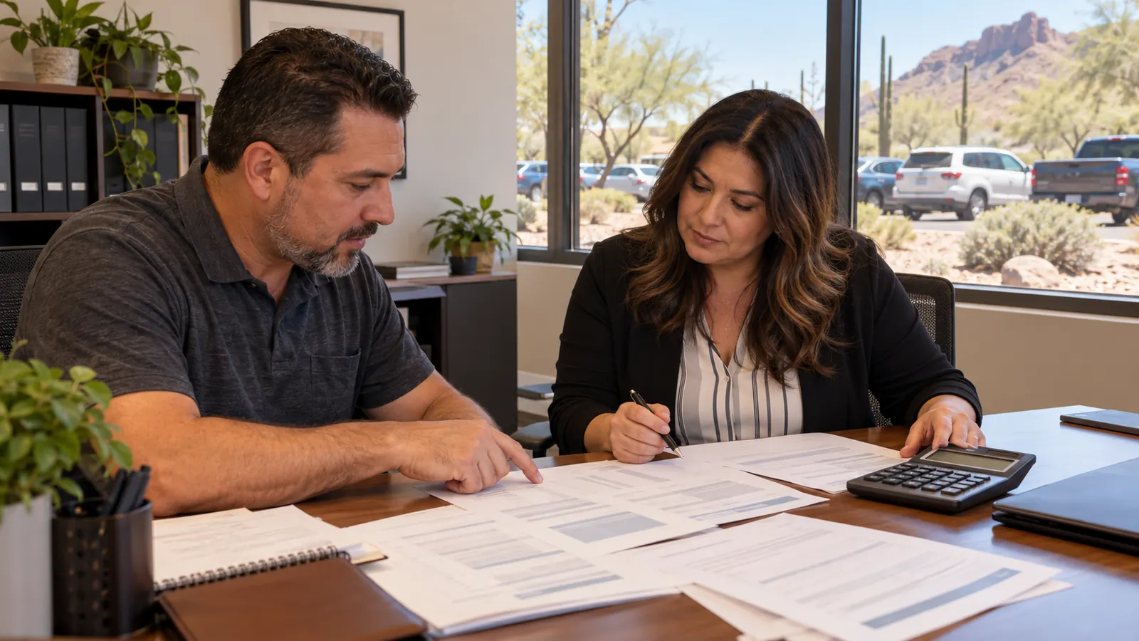 A seller and a bookkeeper review printed tax statements and a calculator at a desk in a small office with a window onto a parking lot