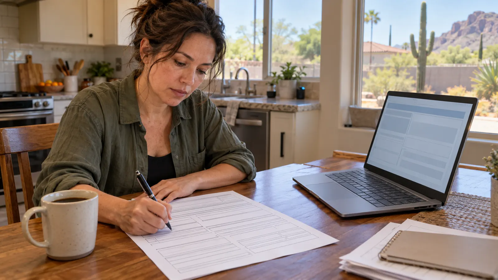 A business owner fills out a printed state tax form at a kitchen table with a laptop open to a tax account page and a cup of coffee