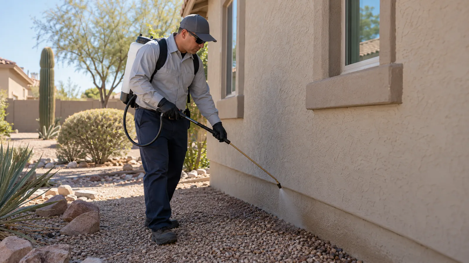 A pest control technician in a uniform shirt sprays the foundation of a stucco home with a hand wand on a bright morning