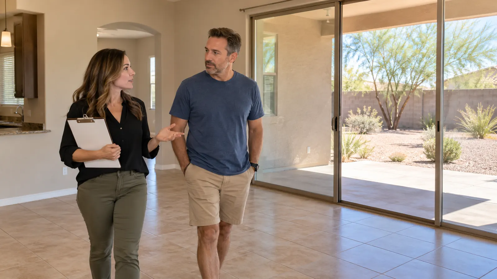 A property manager with a clipboard walks an owner through a vacant rental home with tile floors and a view of a backyard patio