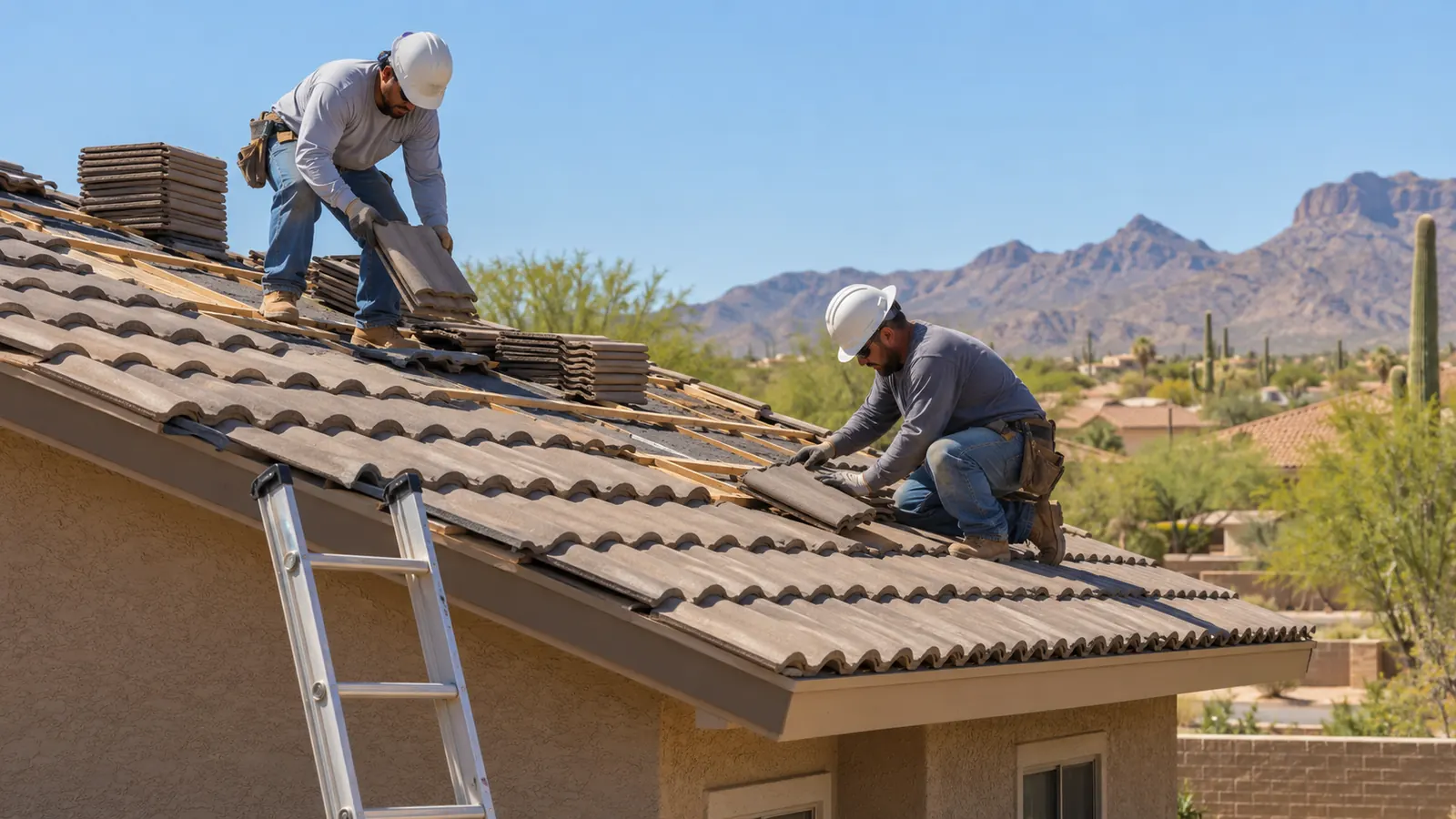 Two roofers in long sleeves and helmets lay concrete tiles on a pitched roof under a clear sky, a ladder against the eave